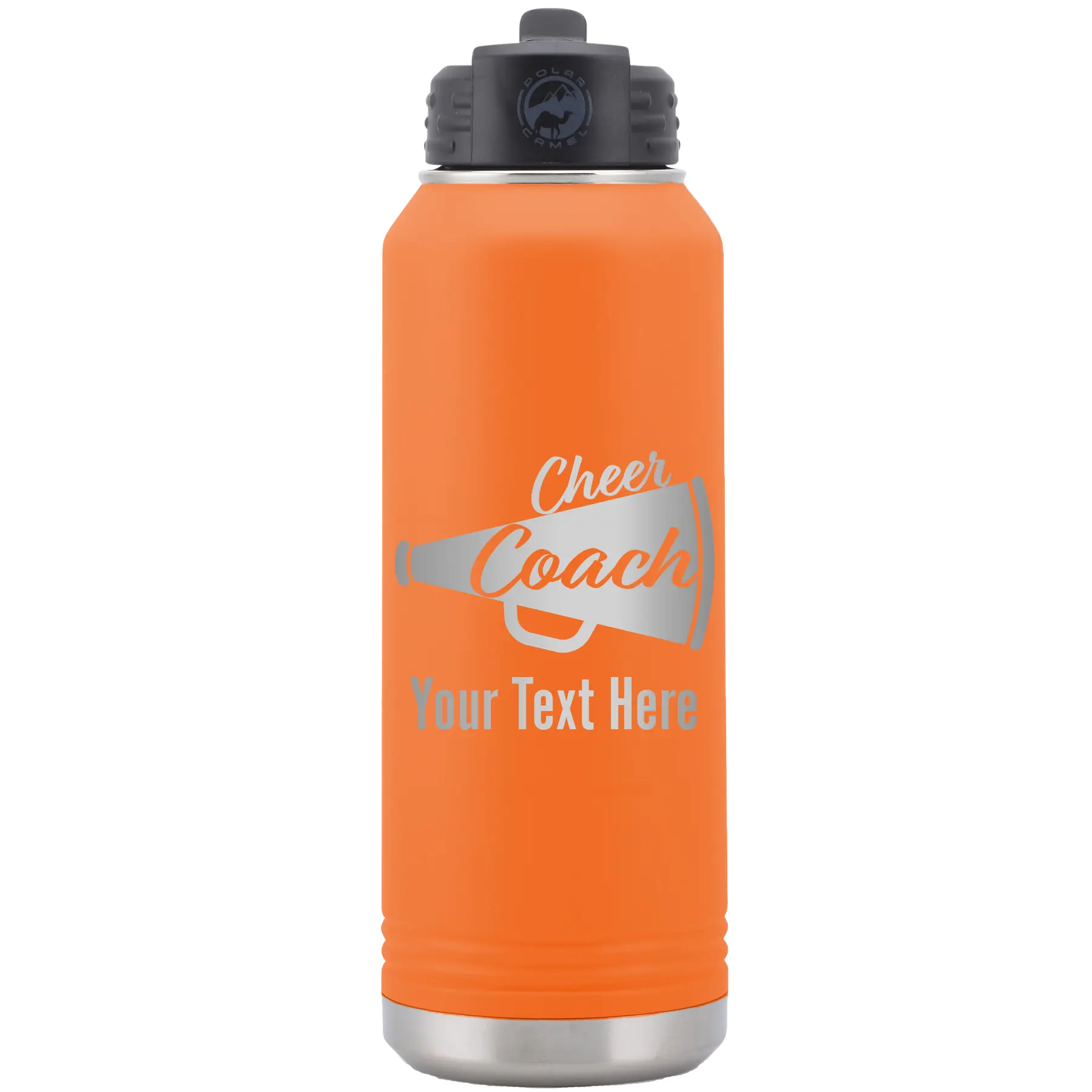 Personalized orange 32 oz vacuum insulated water bottle with 'Cheer Coach2' design