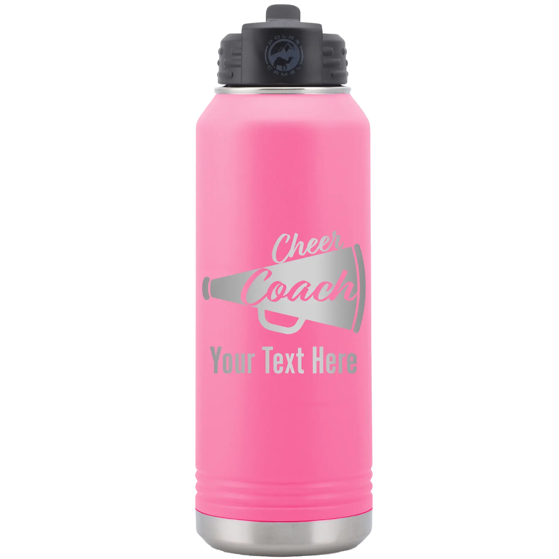 Personalized pink 32 oz vacuum insulated water bottle with 'Cheer Coach2' design