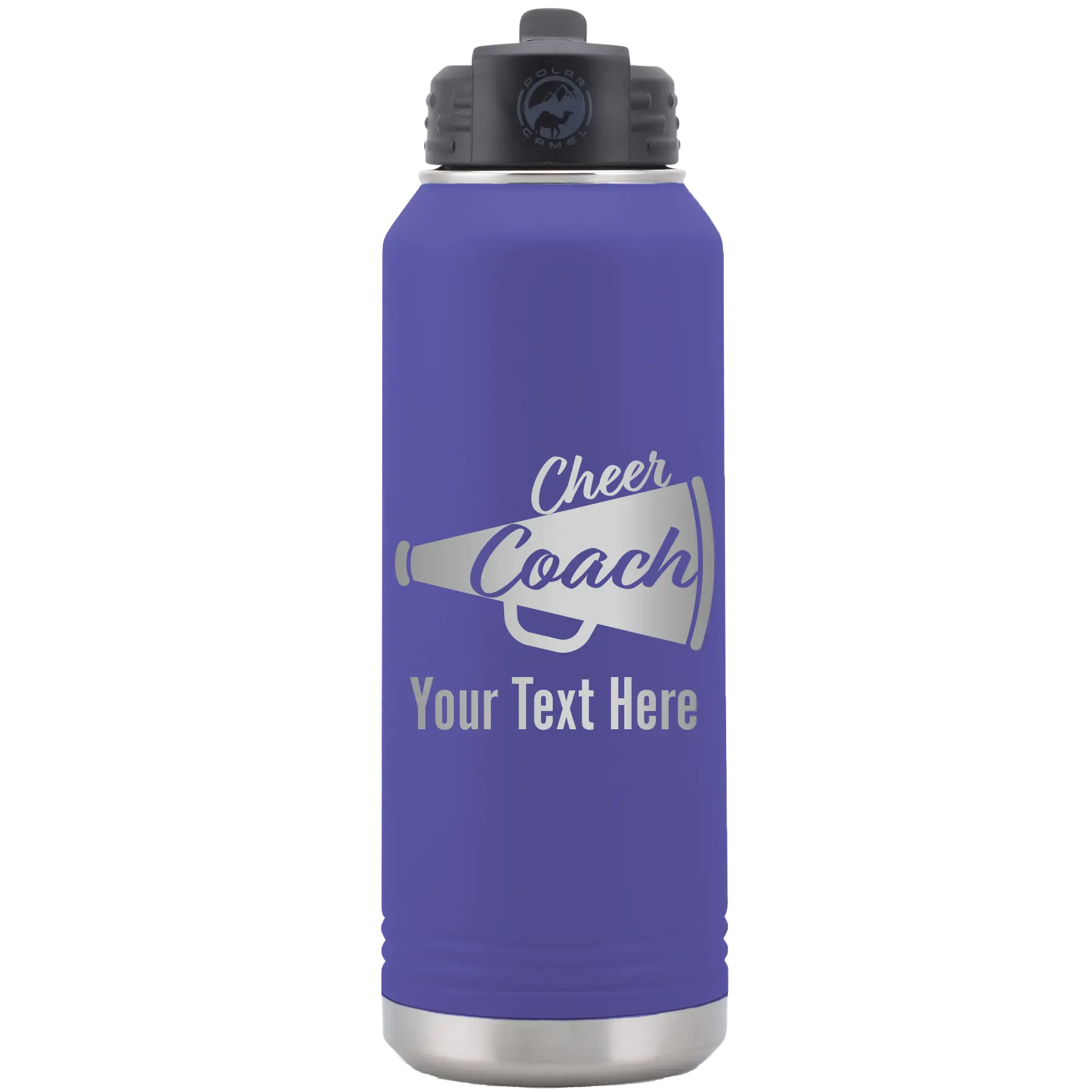 Personalized purple 32 oz vacuum insulated water bottle with 'Cheer Coach2' design