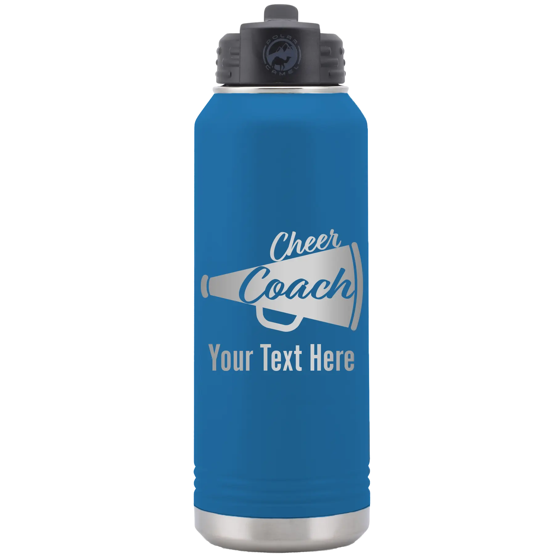 Personalized royal blue 32 oz vacuum insulated water bottle with 'Cheer Coach2' design