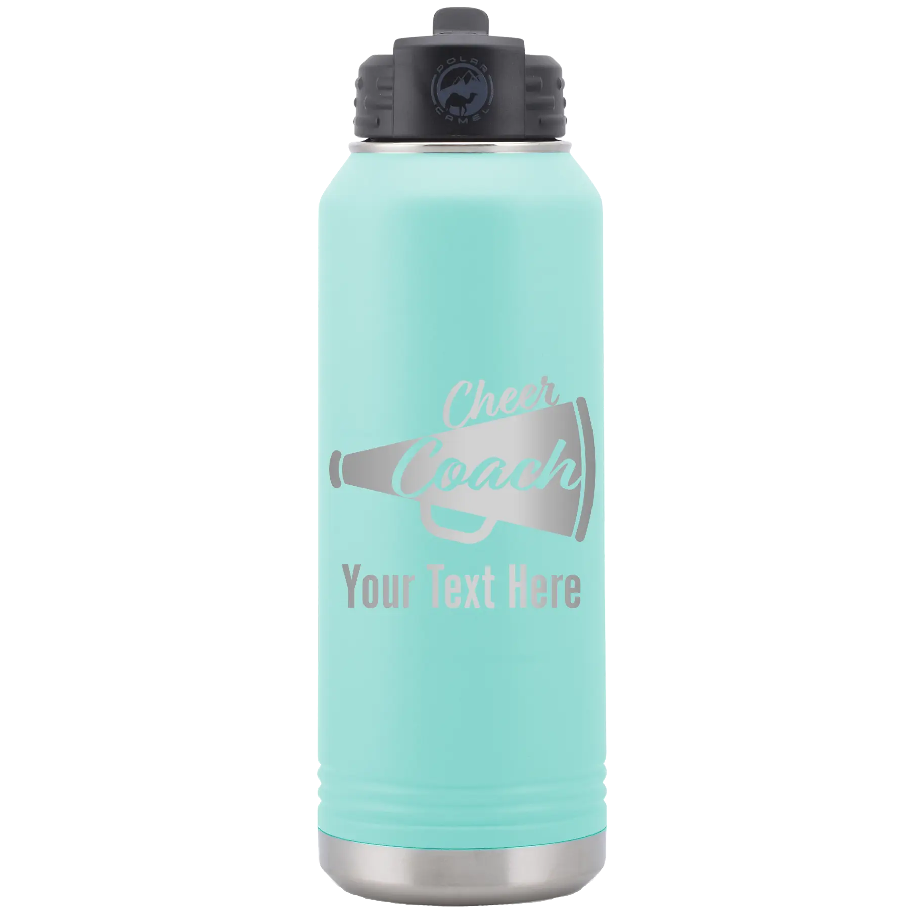 Personalized teal 32 oz vacuum insulated water bottle with 'Cheer Coach2' design