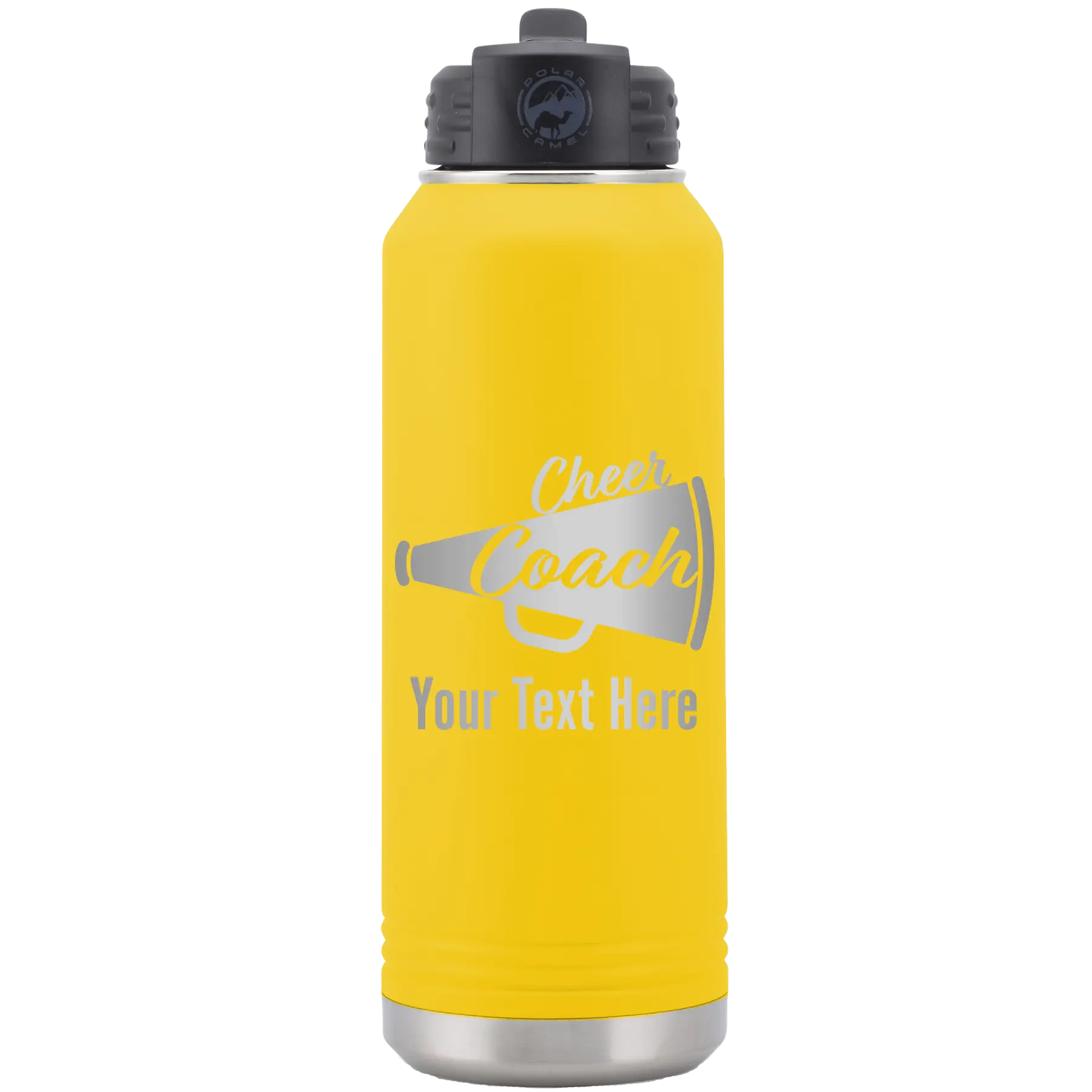 Personalized yellow 32 oz vacuum insulated water bottle with 'Cheer Coach2' design