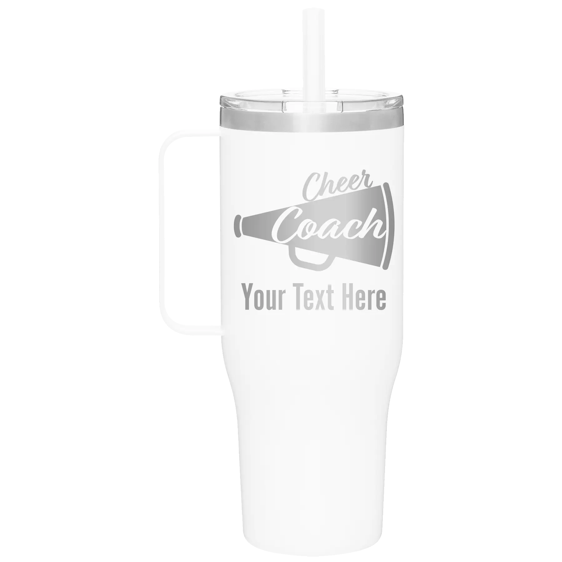 Personalized white 40 oz vacuum insulated tumbler mug with 'Cheer Coach2' design