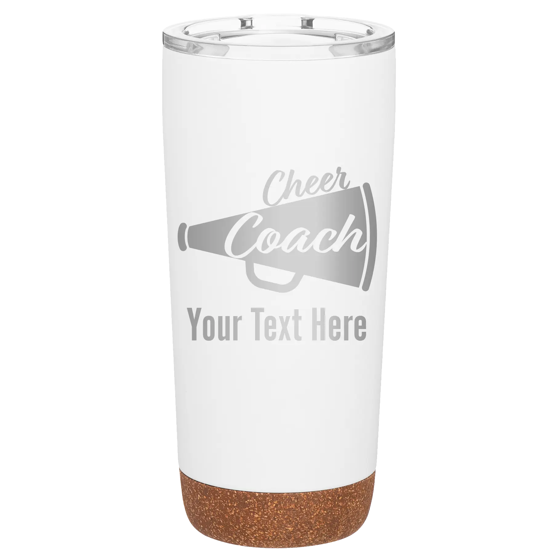 Personalized white 20 oz vacuum insulated tumbler with 'Cheer Coach2' design
