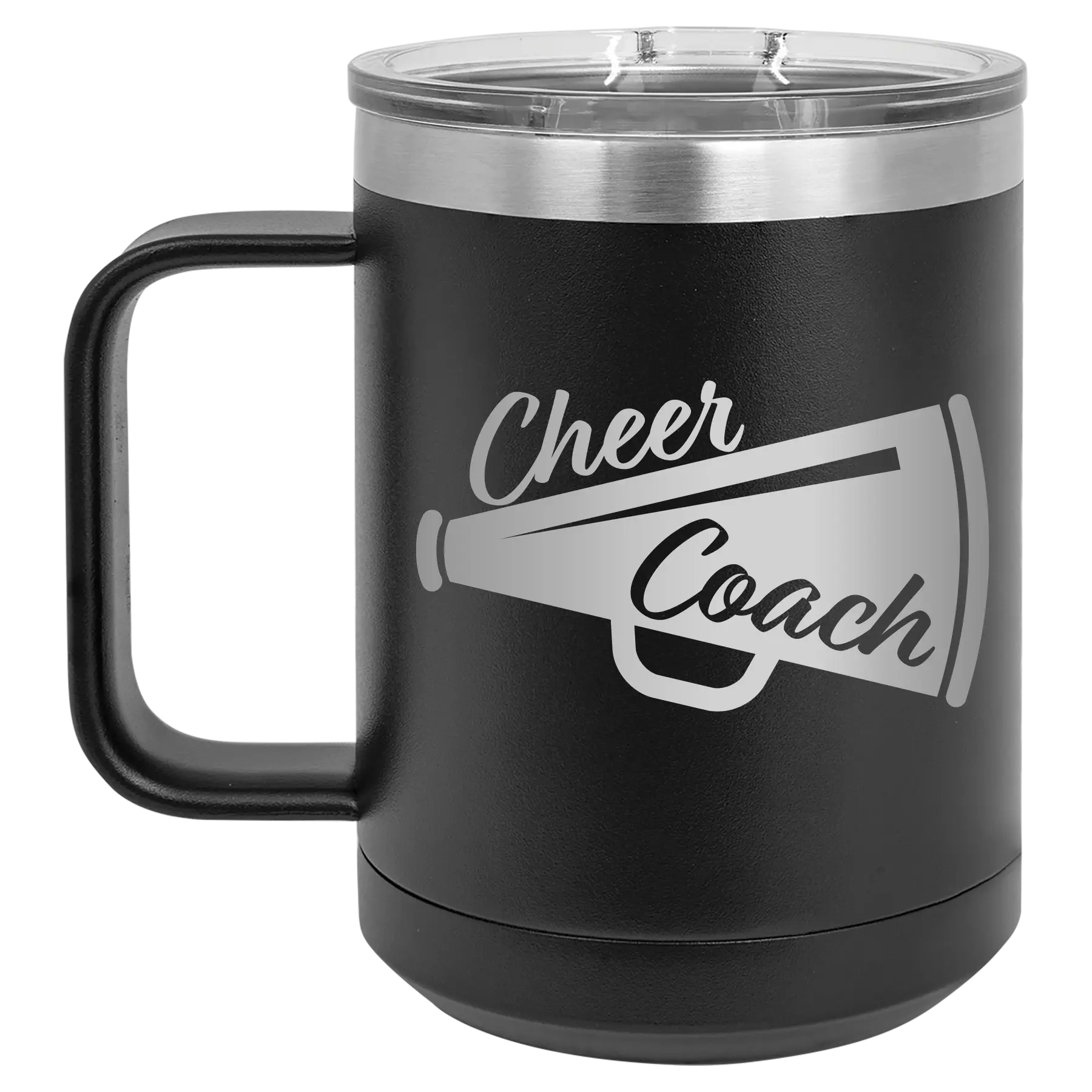 Laser etched black 15 oz vacuum insulated coffee mug with 'Cheer Coach' design