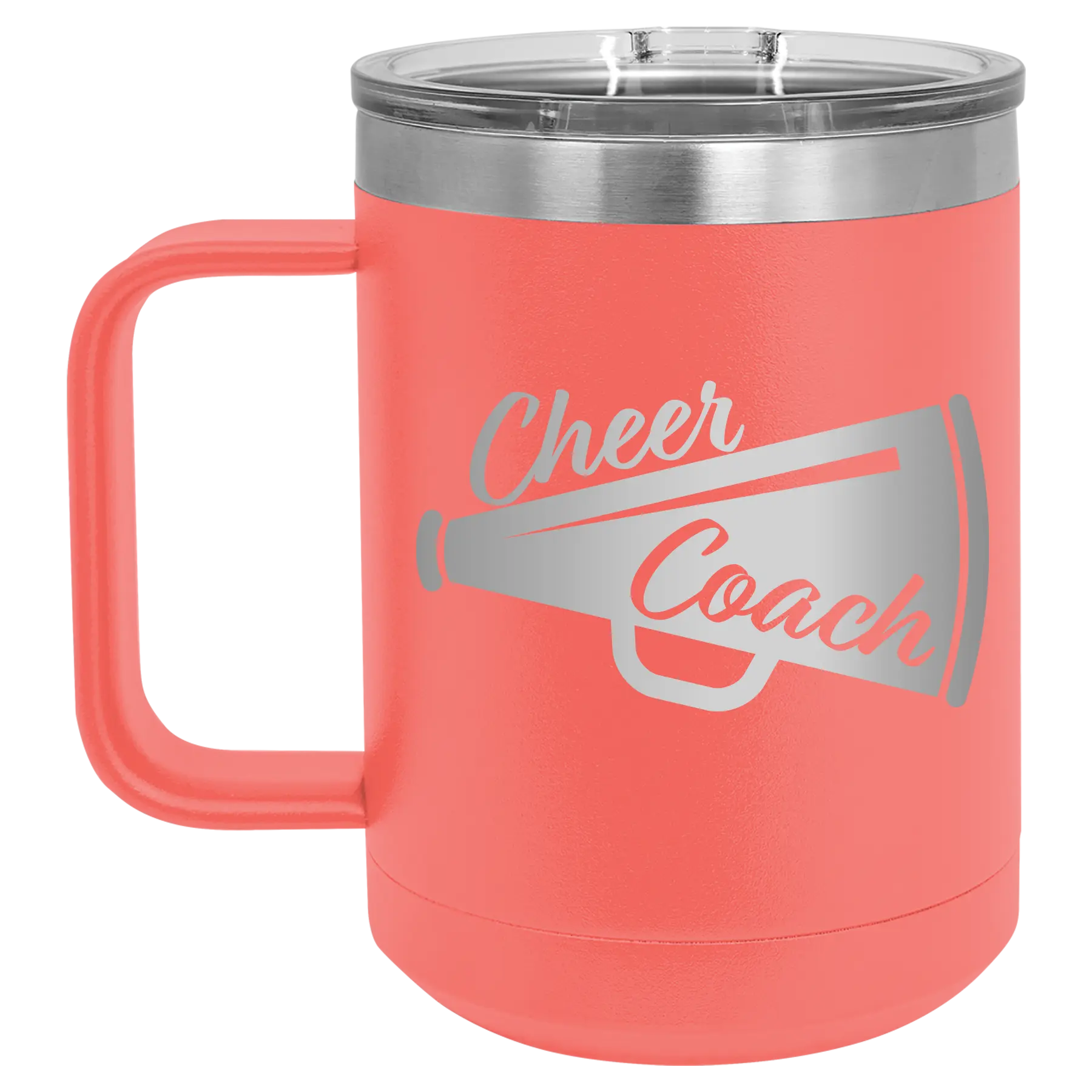 Laser etched coral 15 oz vacuum insulated coffee mug with 'Cheer Coach' design