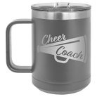 Laser etched dark gray 15 oz vacuum insulated coffee mug with 'Cheer Coach' design
