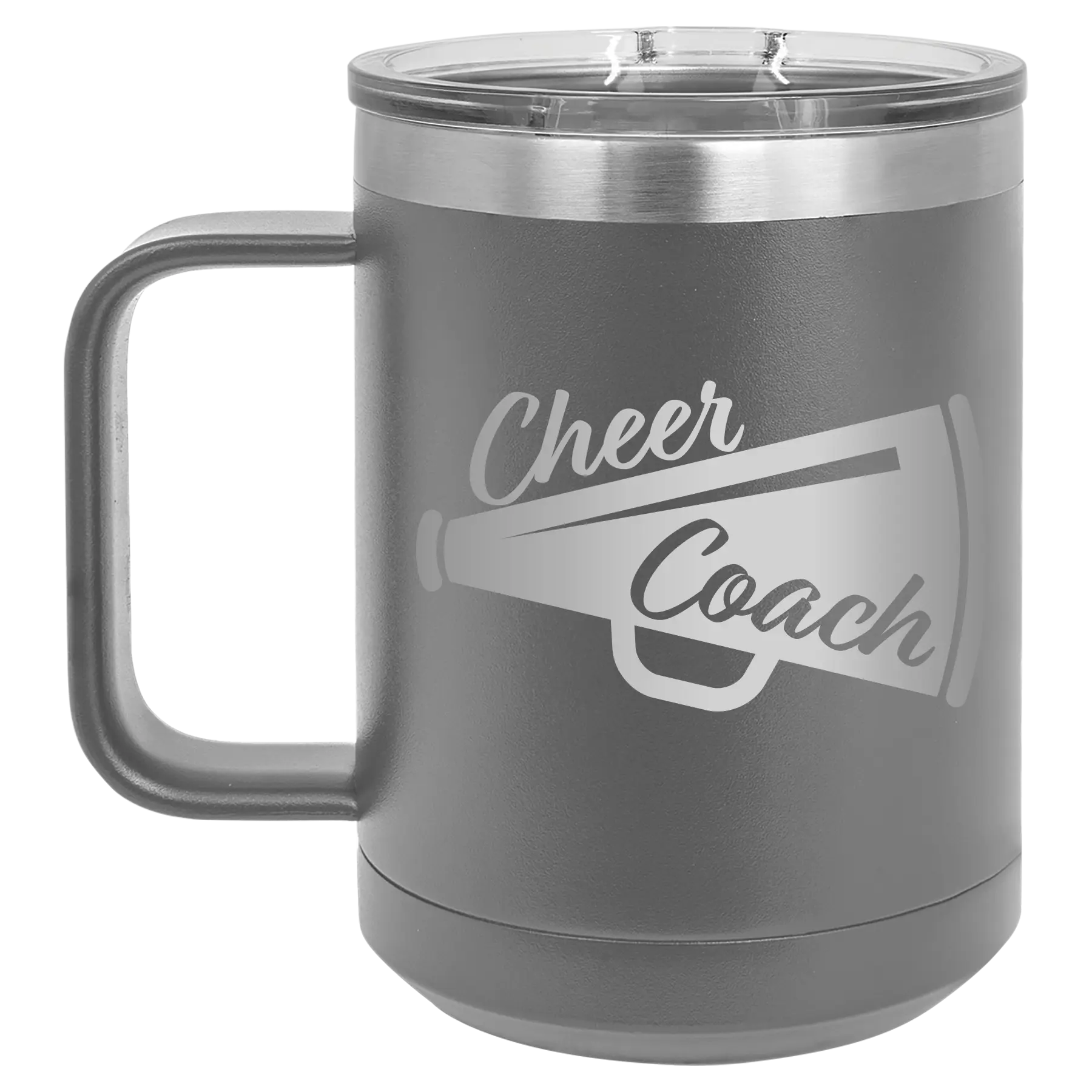 Laser etched dark gray 15 oz vacuum insulated coffee mug with 'Cheer Coach' design