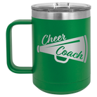 Laser etched green 15 oz vacuum insulated coffee mug with 'Cheer Coach' design
