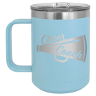 Laser etched light blue 15 oz vacuum insulated coffee mug with 'Cheer Coach' design