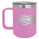 Laser etched light purple 15 oz vacuum insulated coffee mug with 'Cheer Coach' design