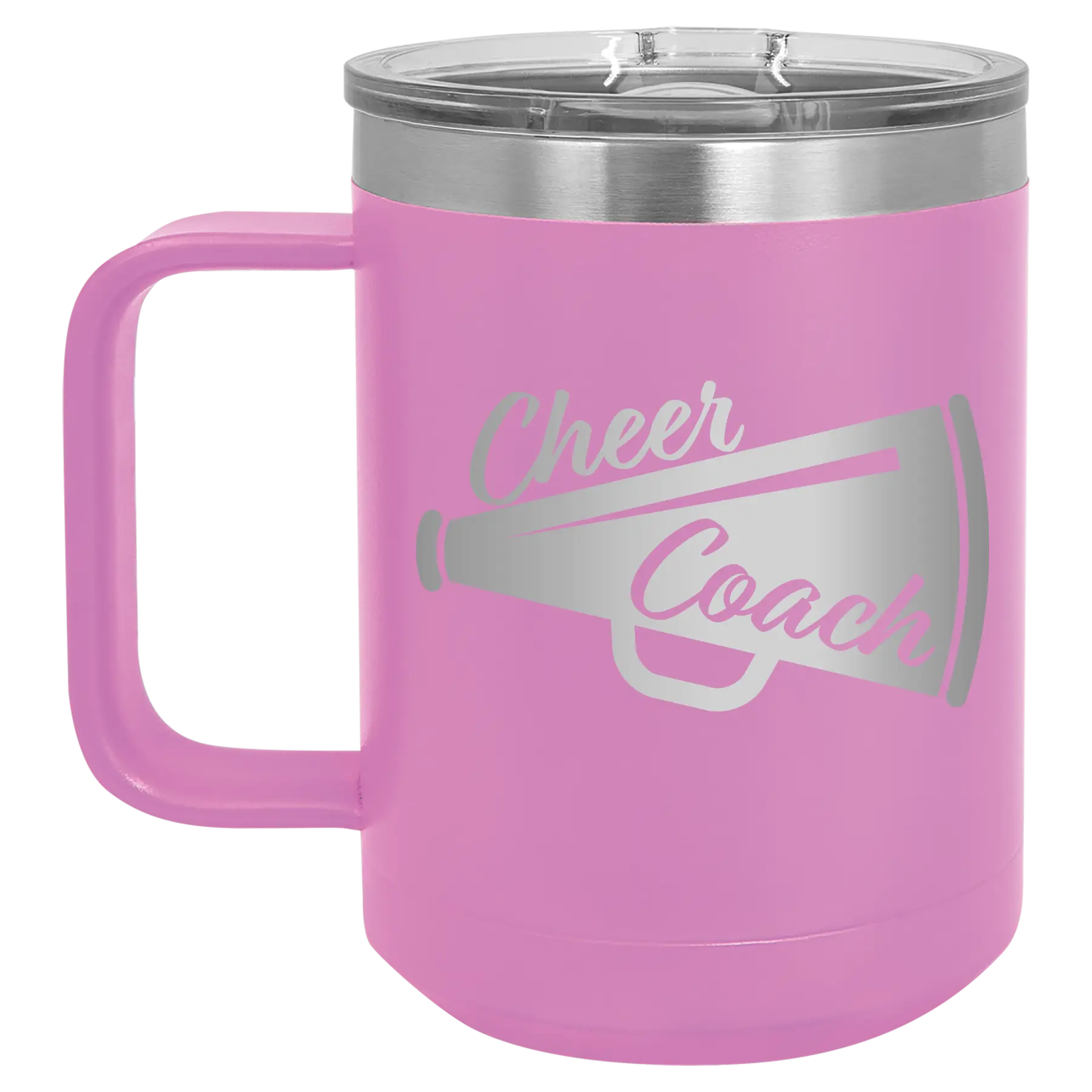 Laser etched light purple 15 oz vacuum insulated coffee mug with 'Cheer Coach' design