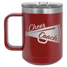 Laser etched maroon 15 oz vacuum insulated coffee mug with 'Cheer Coach' design