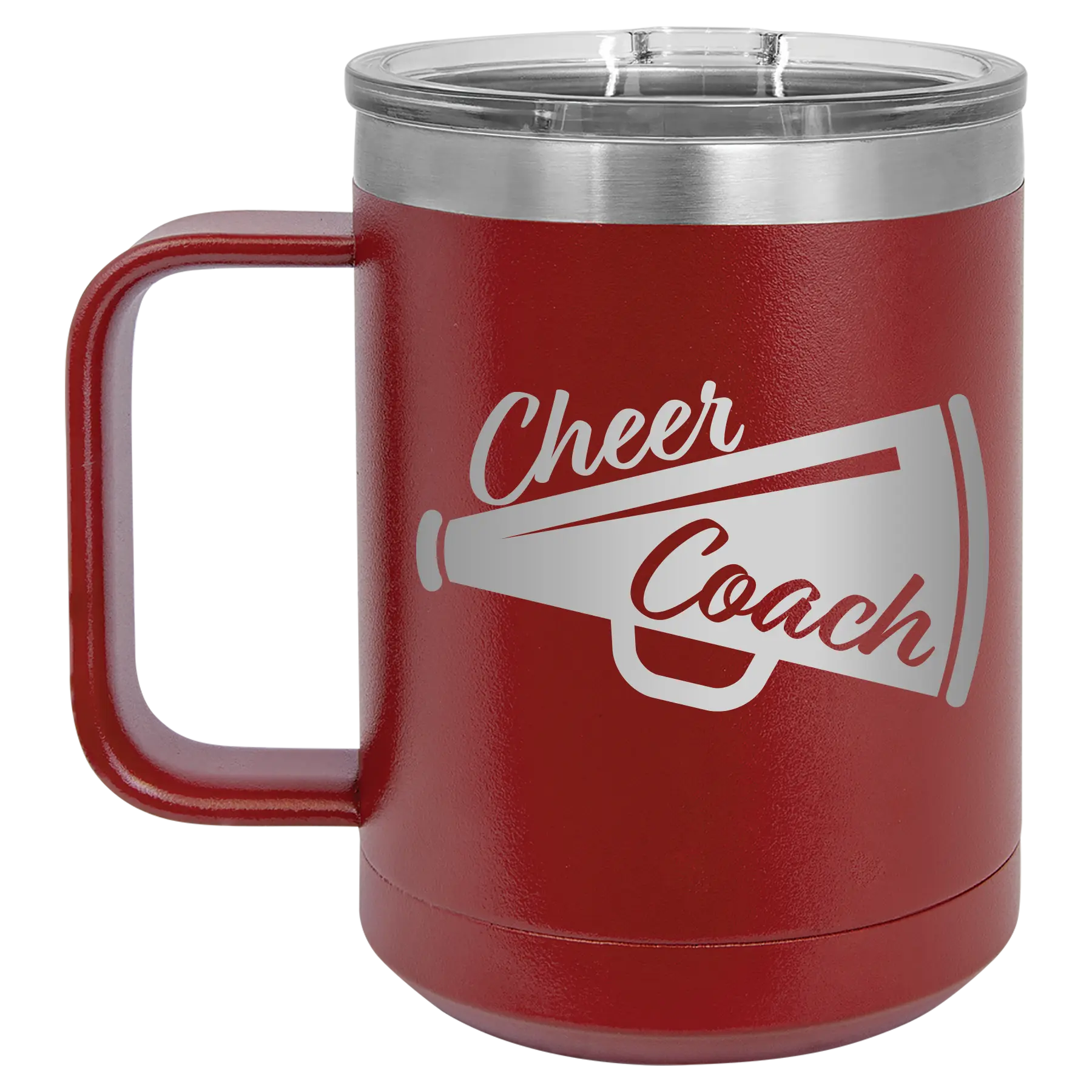 Laser etched maroon 15 oz vacuum insulated coffee mug with 'Cheer Coach' design