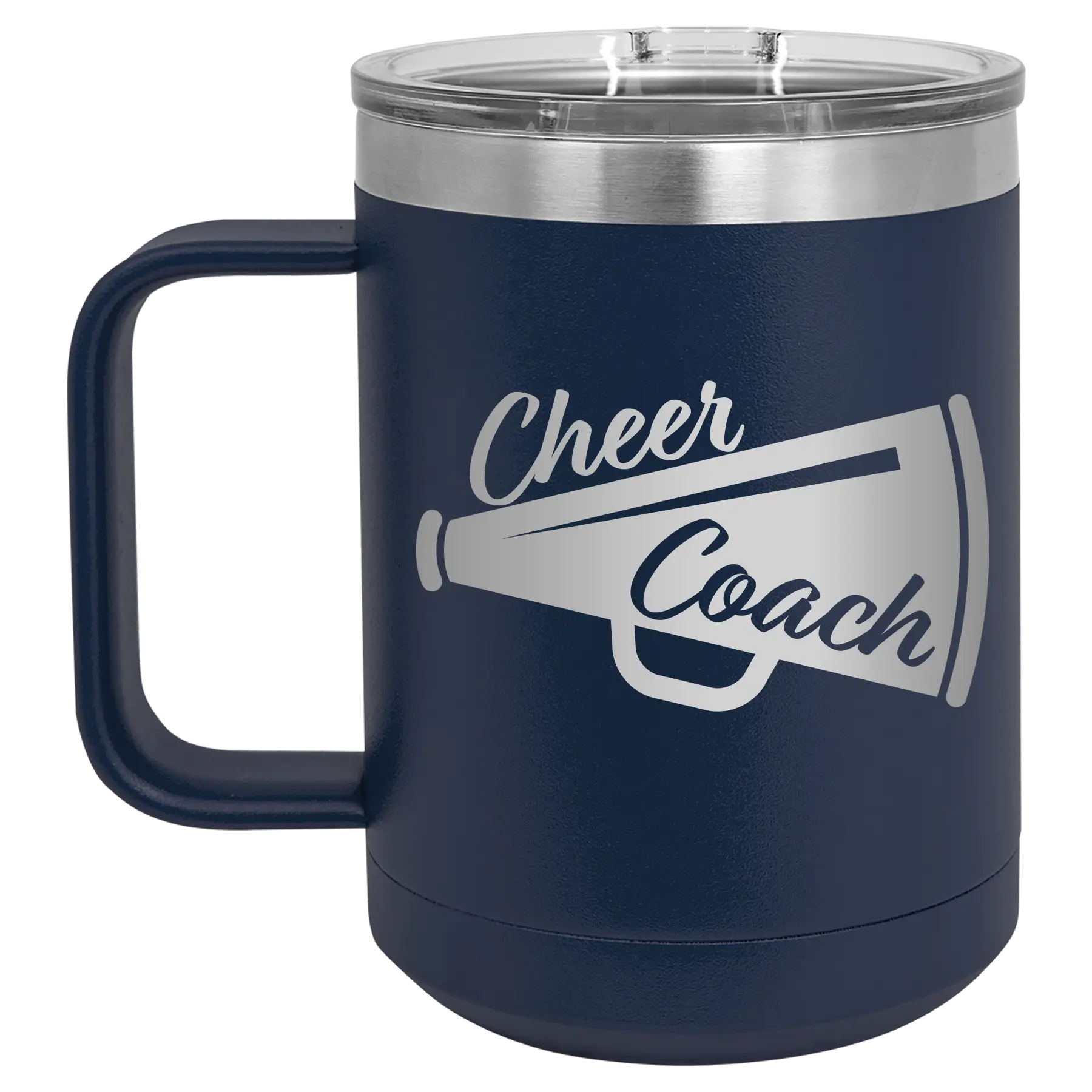 Laser etched navy 15 oz vacuum insulated coffee mug with 'Cheer Coach' design