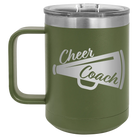 Laser etched olive green 15 oz vacuum insulated coffee mug with 'Cheer Coach' design