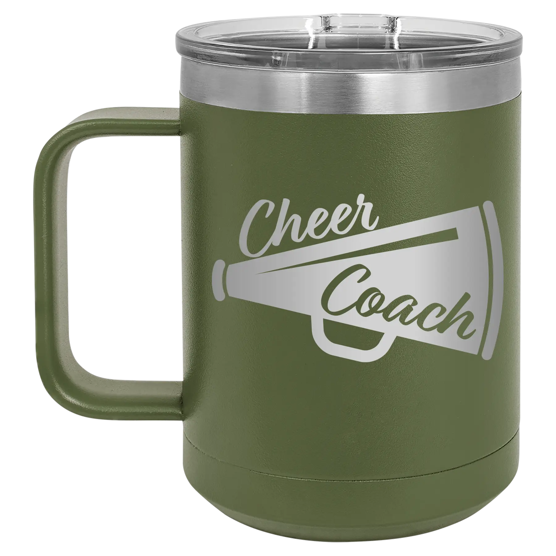 Laser etched olive green 15 oz vacuum insulated coffee mug with 'Cheer Coach' design