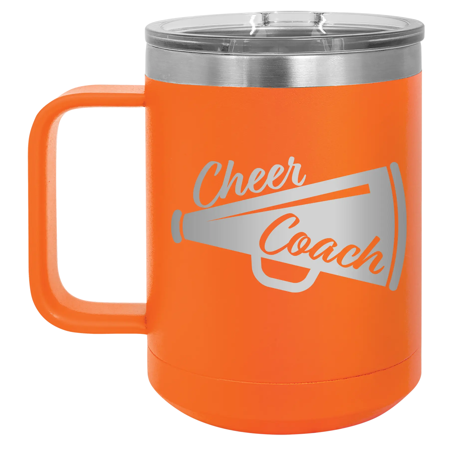 Laser etched orange 15 oz vacuum insulated coffee mug with 'Cheer Coach' design