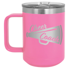 Laser etched pink 15 oz vacuum insulated coffee mug with 'Cheer Coach' design