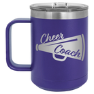 Laser etched purple 15 oz vacuum insulated coffee mug with 'Cheer Coach' design