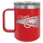 Laser etched red 15 oz vacuum insulated coffee mug with 'Cheer Coach' design