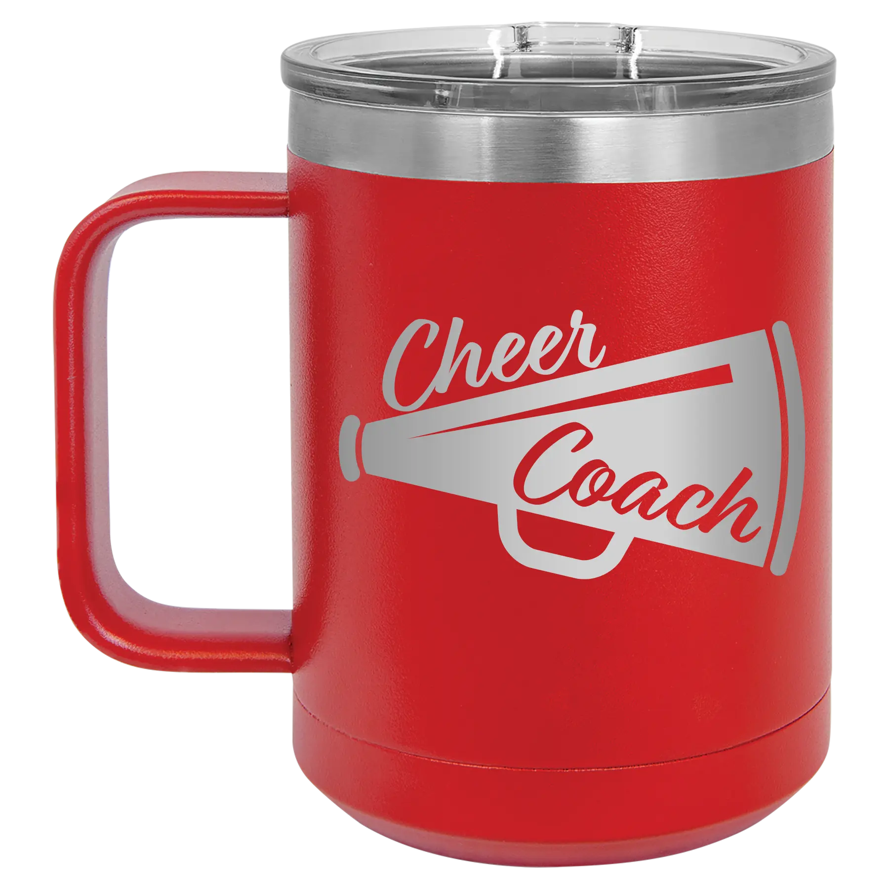 Laser etched red 15 oz vacuum insulated coffee mug with 'Cheer Coach' design