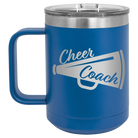 Laser etched royal blue 15 oz vacuum insulated coffee mug with 'Cheer Coach' design