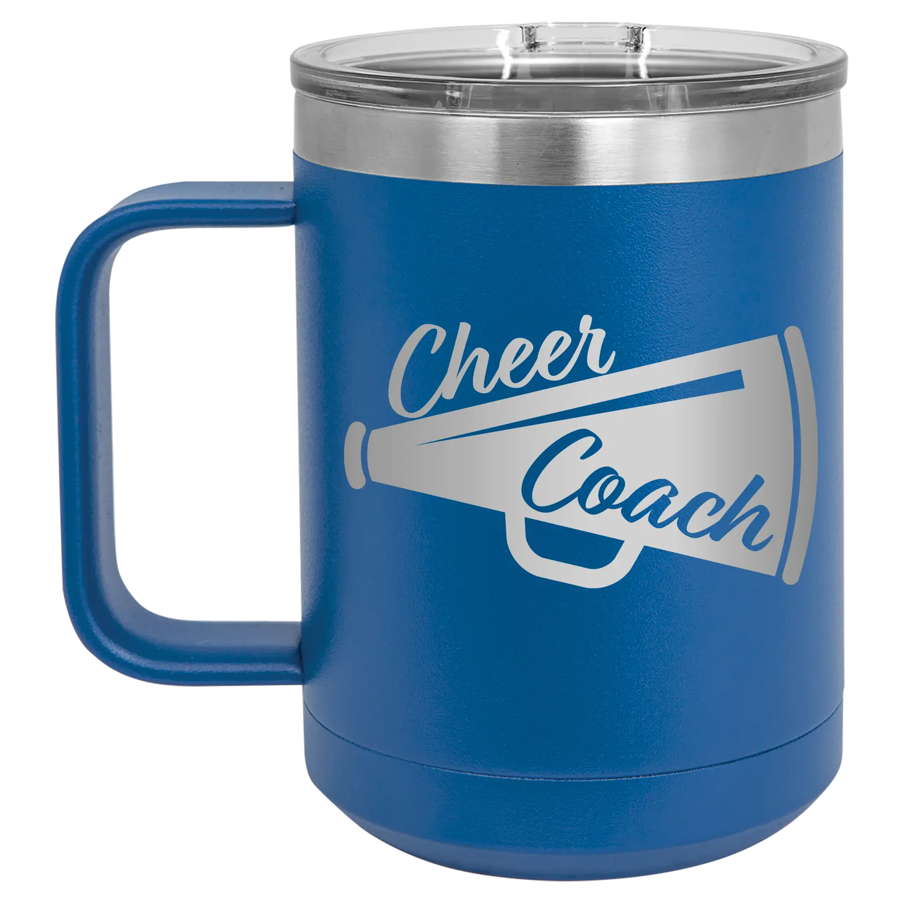 Laser etched royal blue 15 oz vacuum insulated coffee mug with 'Cheer Coach' design