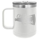 Laser etched white 15 oz vacuum insulated coffee mug with 'Cheer Coach' design