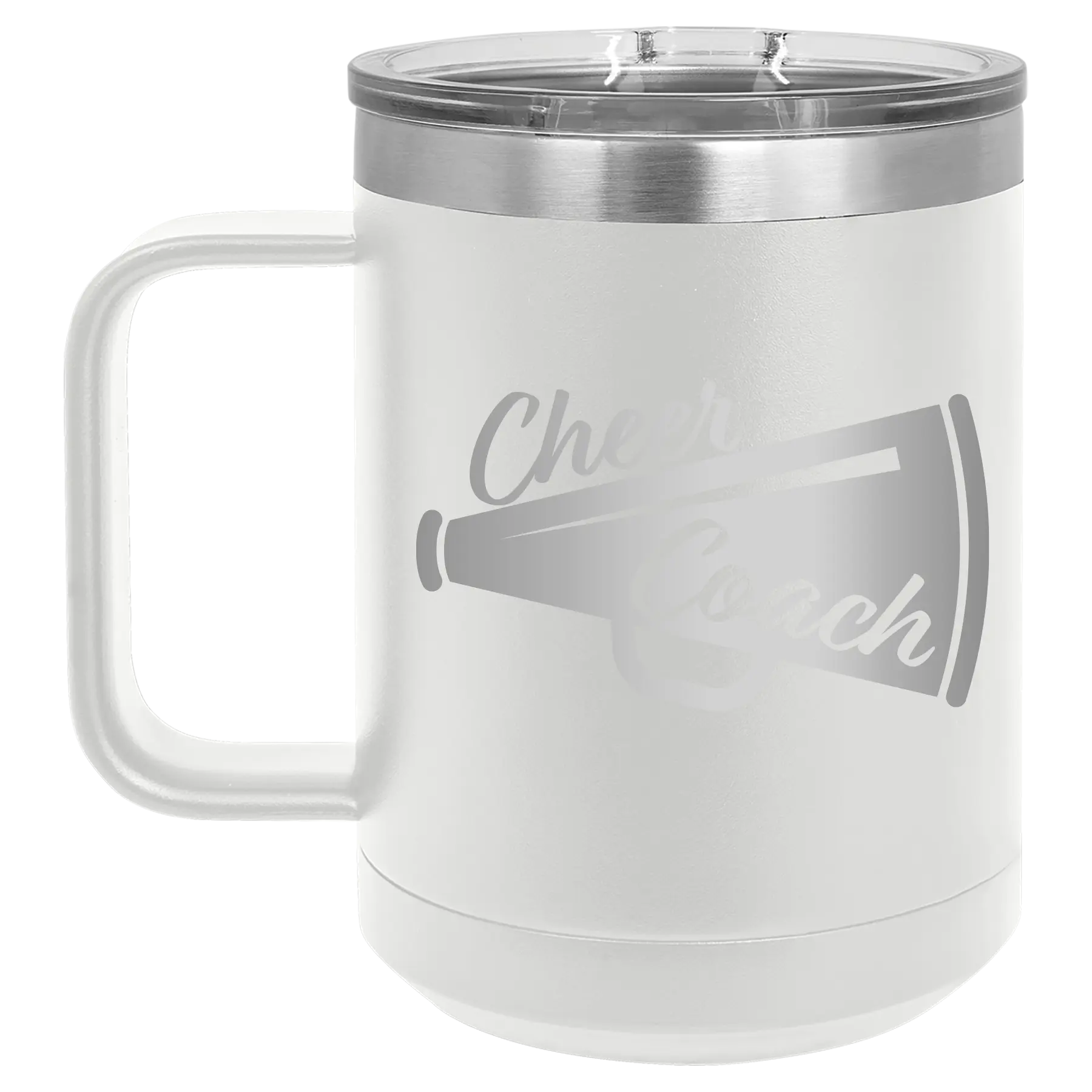 Laser etched white 15 oz vacuum insulated coffee mug with 'Cheer Coach' design