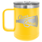 Laser etched yellow 15 oz vacuum insulated coffee mug with 'Cheer Coach' design