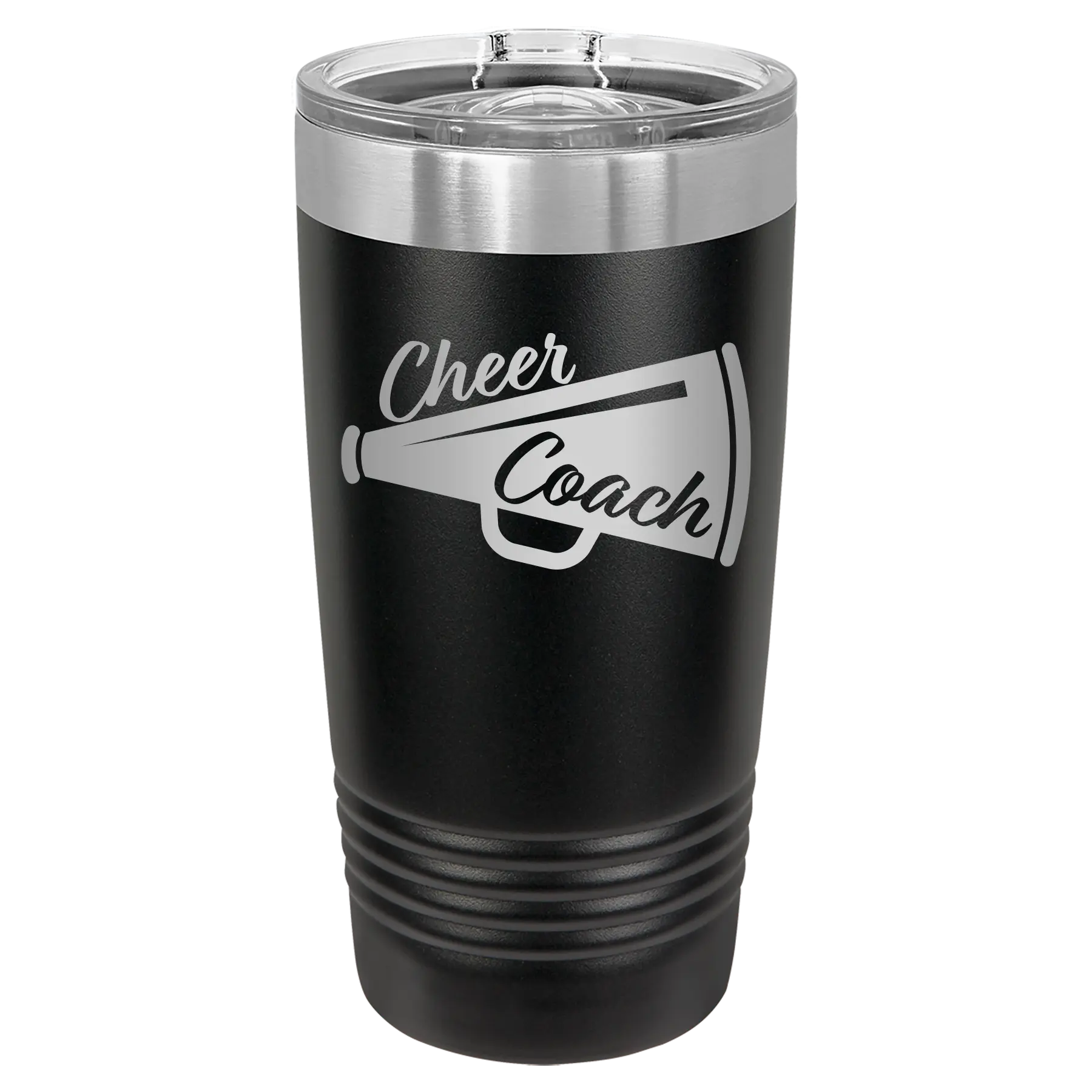 Laser etched black 20 oz vacuum insulated tumbler with 'Cheer Coach' design