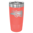 Laser etched coral 20 oz vacuum insulated tumbler with 'Cheer Coach' design