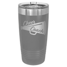 Laser etched dark gray 20 oz vacuum insulated tumbler with 'Cheer Coach' design