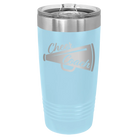 Laser etched light blue 20 oz vacuum insulated tumbler with 'Cheer Coach' design