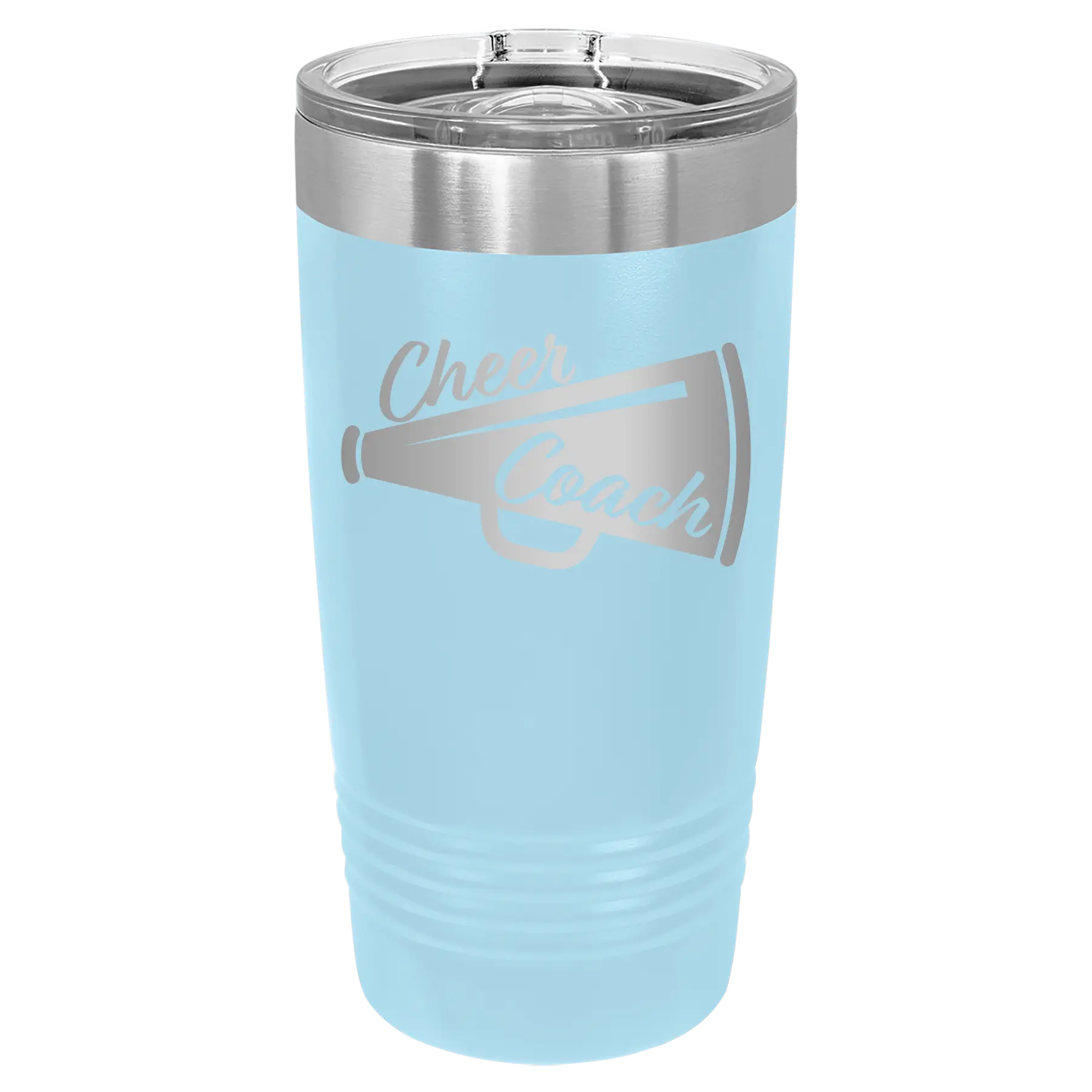 Laser etched light blue 20 oz vacuum insulated tumbler with 'Cheer Coach' design