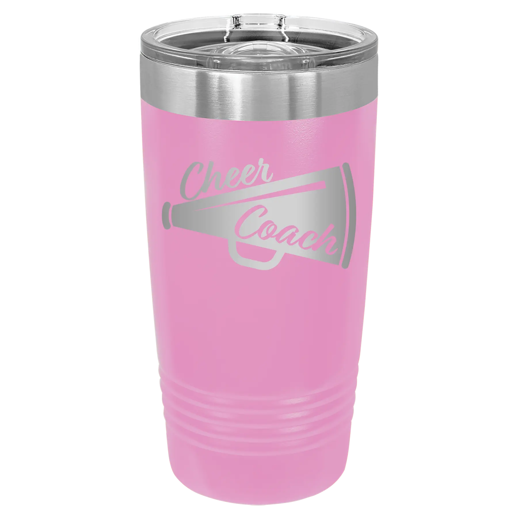 Laser etched light purple 20 oz vacuum insulated tumbler with 'Cheer Coach' design