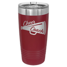 Laser etched maroon 20 oz vacuum insulated tumbler with 'Cheer Coach' design