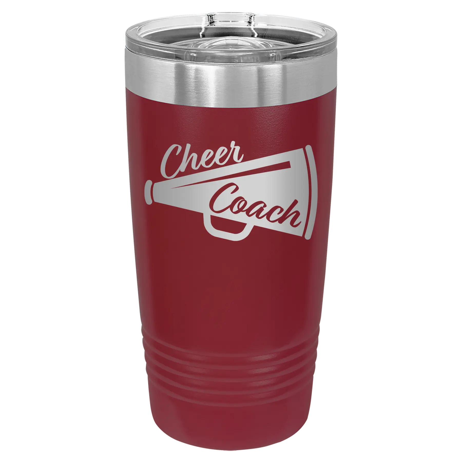 Laser etched maroon 20 oz vacuum insulated tumbler with 'Cheer Coach' design