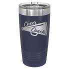 Laser etched navy 20 oz vacuum insulated tumbler with 'Cheer Coach' design