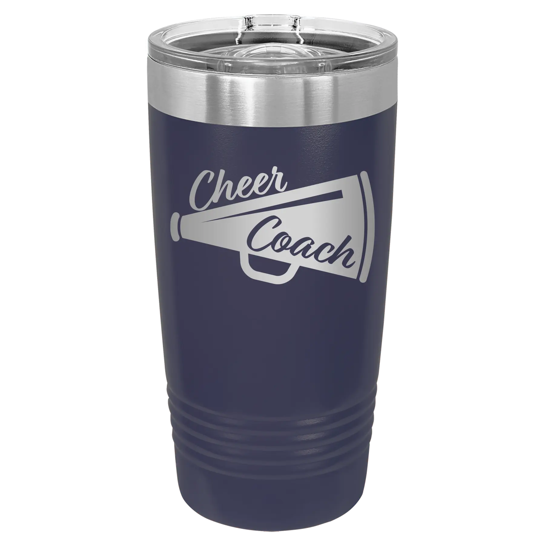 Laser etched navy 20 oz vacuum insulated tumbler with 'Cheer Coach' design