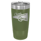 Laser etched olive green 20 oz vacuum insulated tumbler with 'Cheer Coach' design