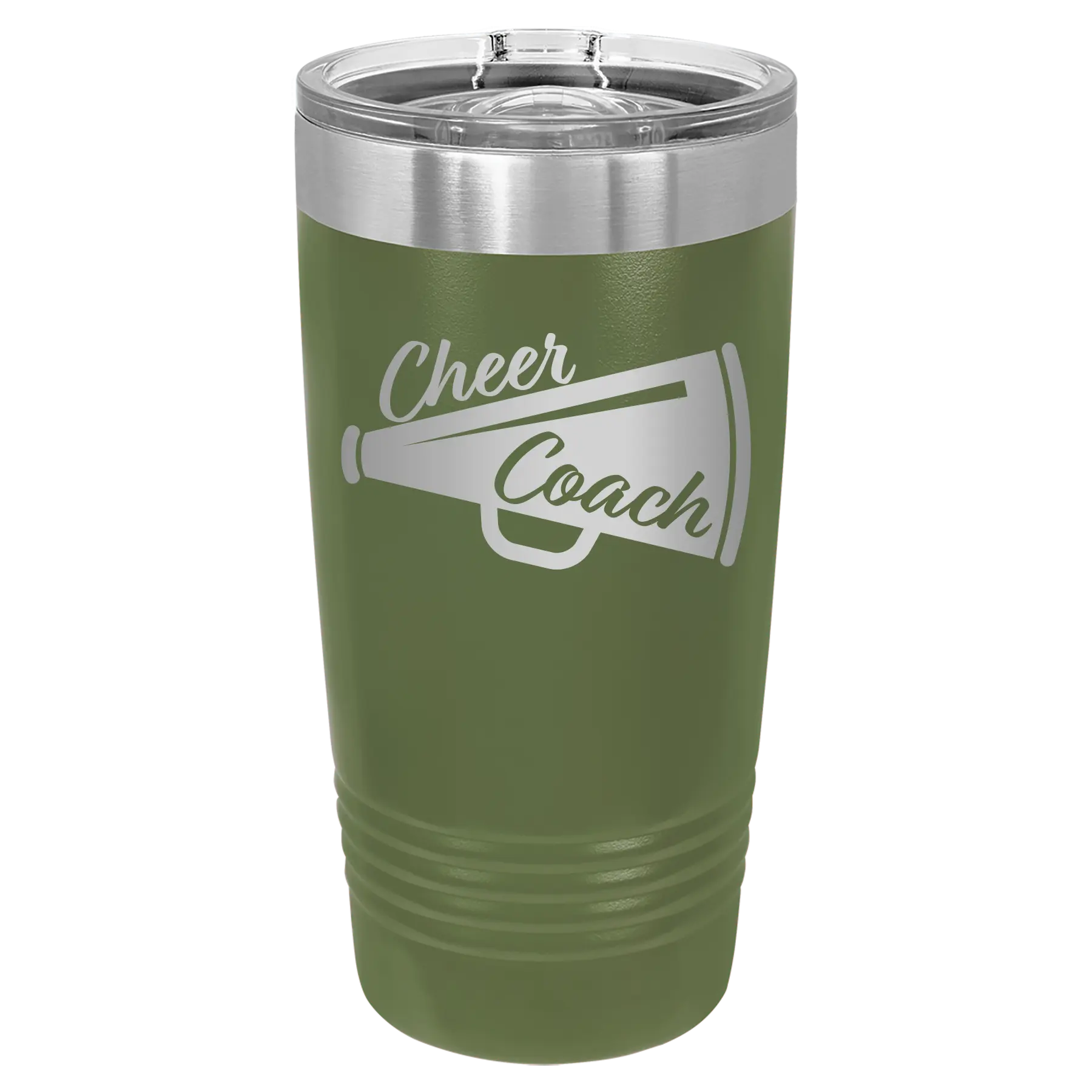 Laser etched olive green 20 oz vacuum insulated tumbler with 'Cheer Coach' design