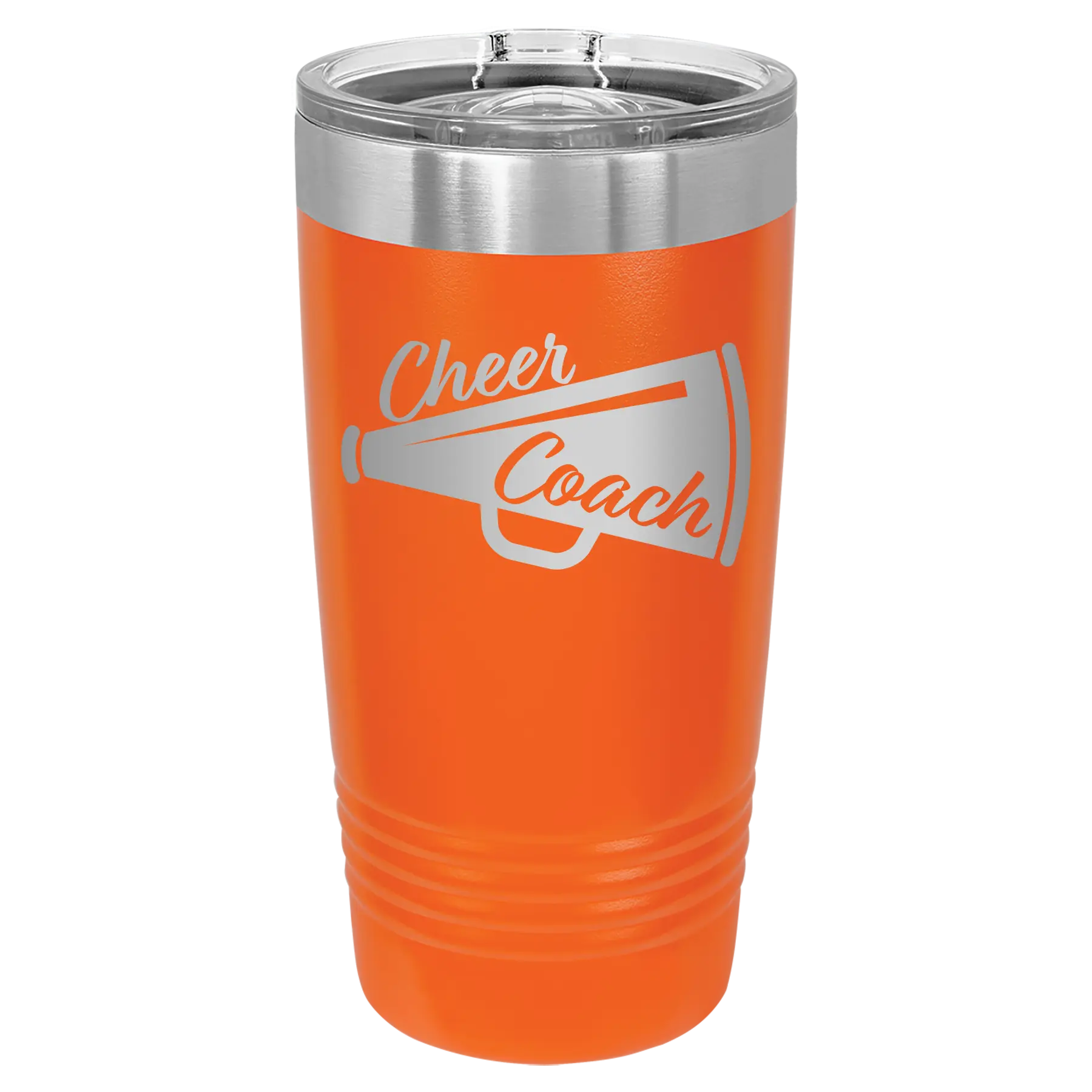 Laser etched orange 20 oz vacuum insulated tumbler with 'Cheer Coach' design