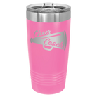 Laser etched pink 20 oz vacuum insulated tumbler with 'Cheer Coach' design