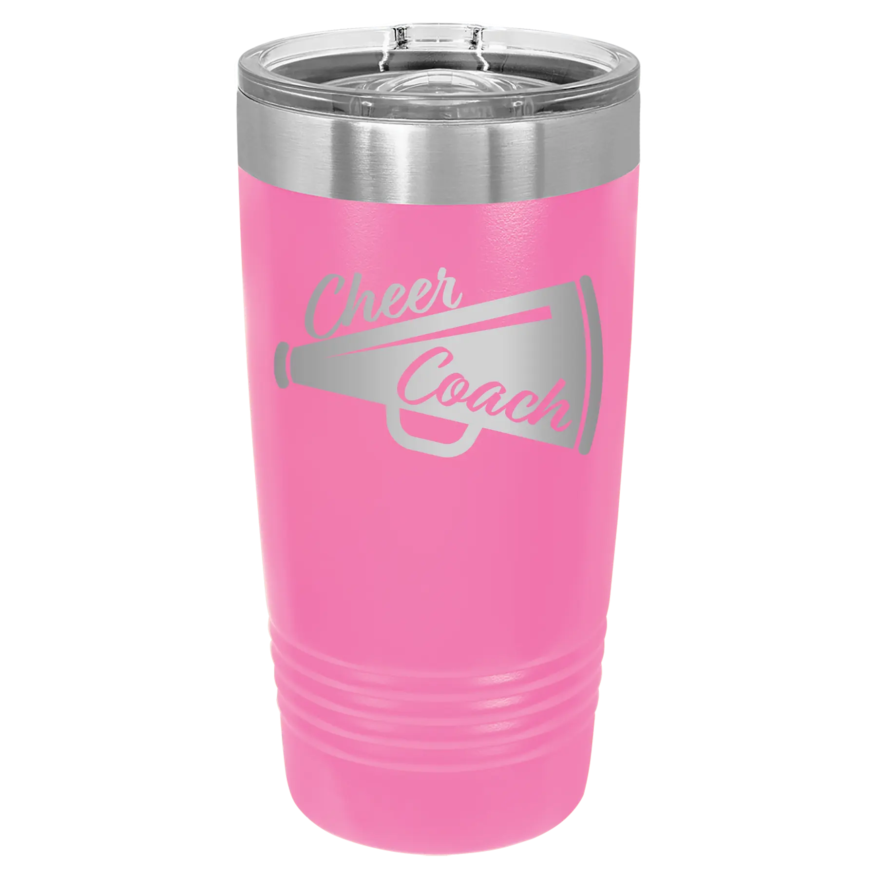 Laser etched pink 20 oz vacuum insulated tumbler with 'Cheer Coach' design