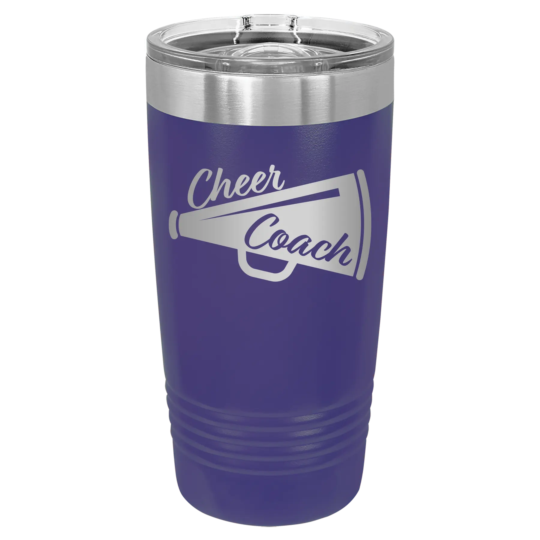 Laser etched purple 20 oz vacuum insulated tumbler with 'Cheer Coach' design
