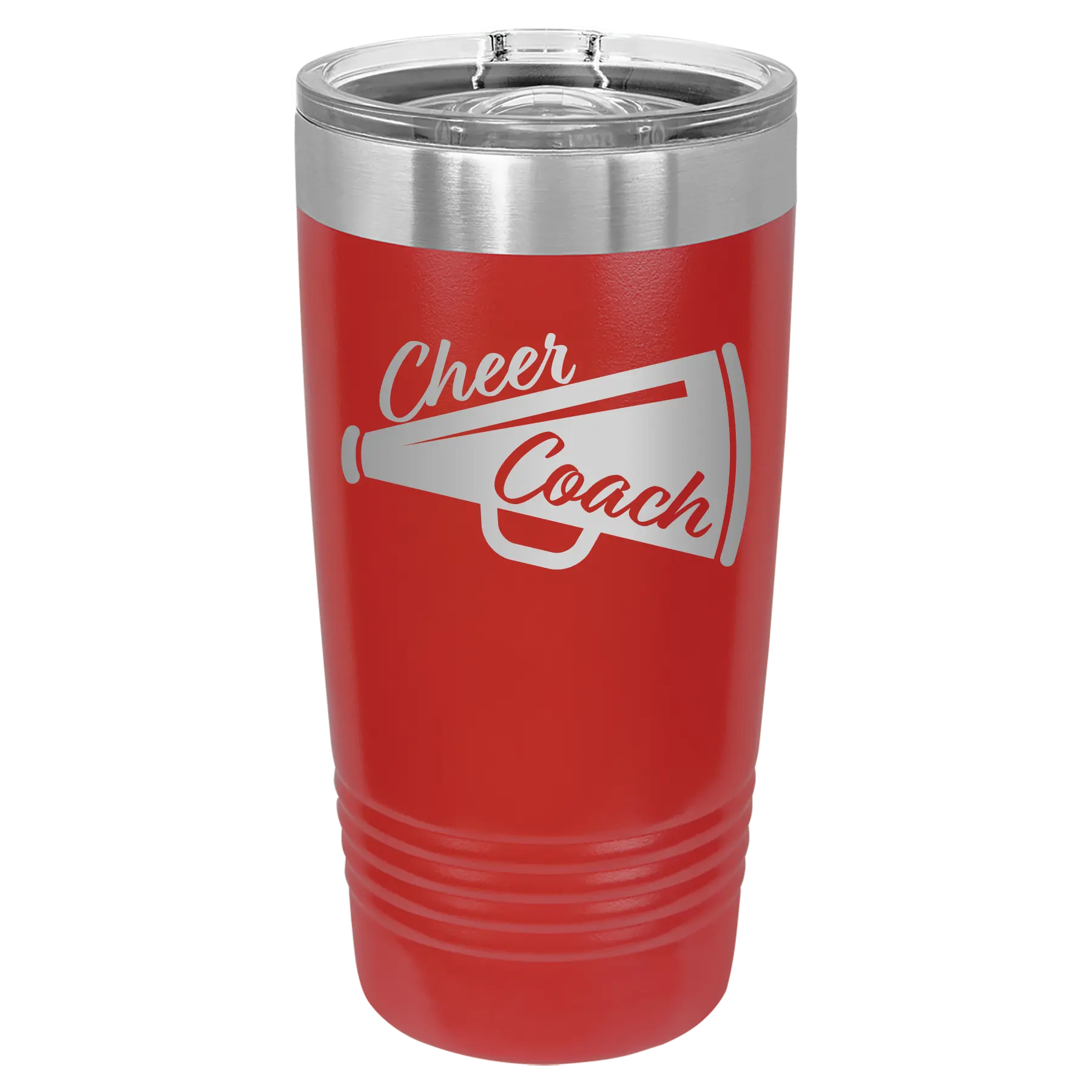 Laser etched red 20 oz vacuum insulated tumbler with 'Cheer Coach' design
