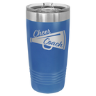 Laser etched royal blue 20 oz vacuum insulated tumbler with 'Cheer Coach' design