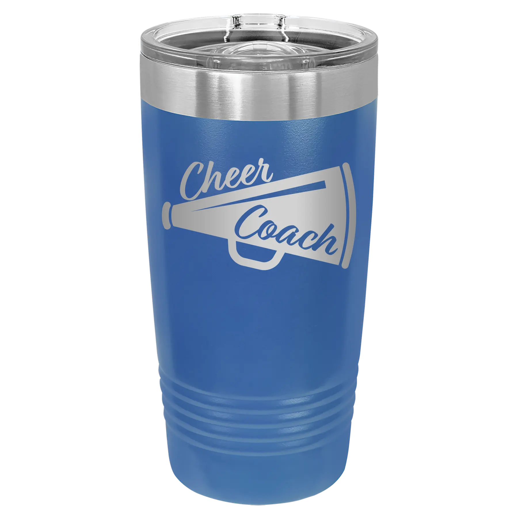 Laser etched royal blue 20 oz vacuum insulated tumbler with 'Cheer Coach' design